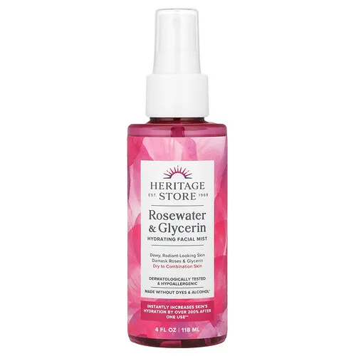 Heritage Store, Agua de rosas y glicerina, Bruma facial hidratante, Piel seca a mixta, 118 ml (4 oz. líq.)