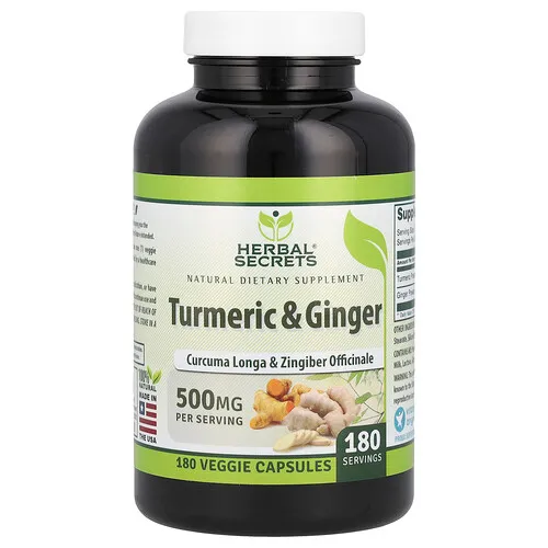 Herbal Secrets, Cúrcuma y jengibre, 500 mg, 180 cápsulas vegetales