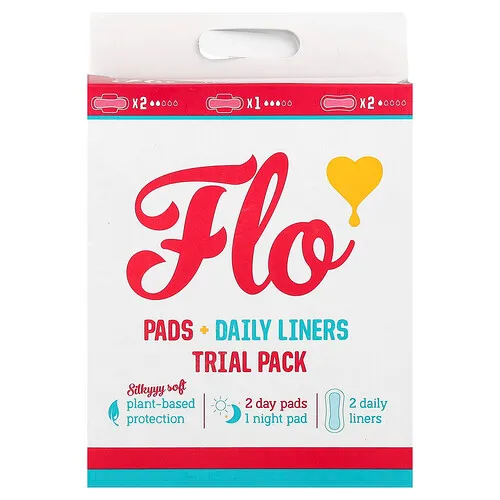 Here We Flo, Paquete de prueba de compresas y bolsas de uso diario, 3 compresas + 2 compresas