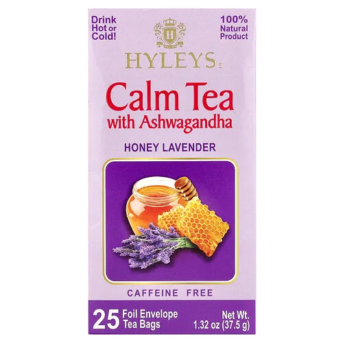 Hyleys Tea, Calm Tea con ashwagandha, Miel y lavanda, Sin cafeína, 25 sobres de aluminio en bolsitas de té, 37,5 g (1,32 oz)