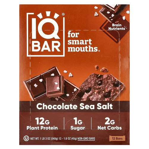 IQBAR, Barrita proteica de origen vegetal, Chocolate y sal marina, 12 barritas, 45 g (1,6 oz) cada una
