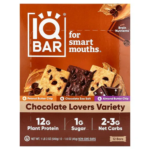 IQBAR, Barrita de proteína de origen vegetal, Variedad para los amantes del chocolate, 12 barritas, 45 g (1,6 oz) cada una