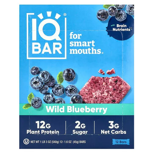 IQBAR, Barrita de proteína de origen vegetal, Arándano azul silvestre, 12 barritas, 45 g (1,6 oz) cada una