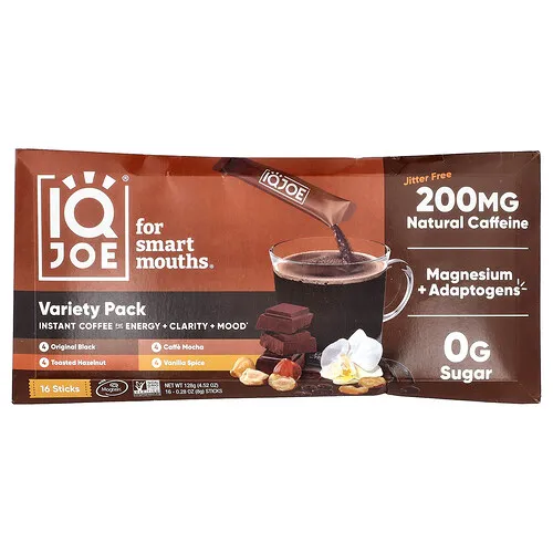 IQBAR, IQJOE®, Café instantáneo para favorecer la energía, la claridad y el estado de ánimo, Paquete variado, 16 barritas, 8 g (0,28 oz) cada una