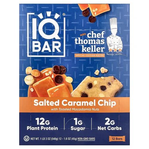 IQBAR, Barrita de proteína vegetal, Chips de caramelo salado con nueces de macadamia tostadas, 12 barritas, 45 g (1,6 oz) cada una