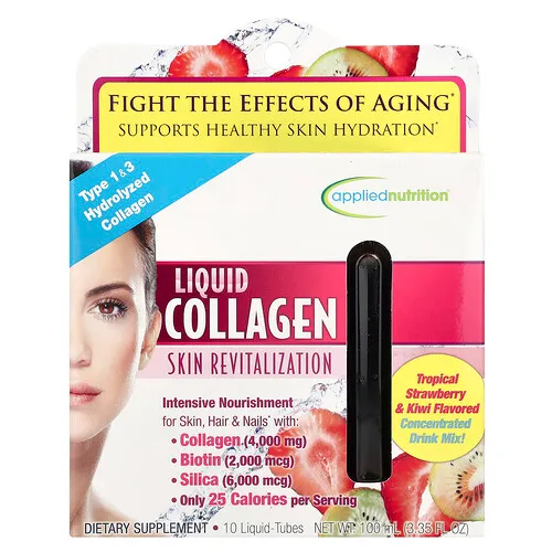 Applied Nutrition, Colágeno líquido, Revitalización de la piel, Sabor a fresa y kiwi tropicales, 10 tubos de líquido, 10 ml cada uno