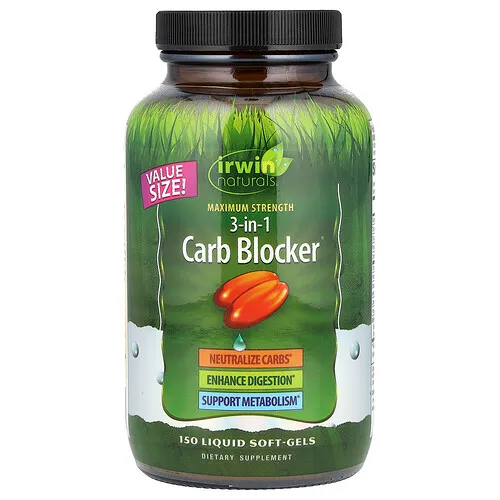 Irwin Naturals, 3-in-1 Carb Blocker®, Maximum Strength, Suplemento bloqueador de carbohidratos, Concentración máxima, 150 cápsulas blandas con contenido líquido