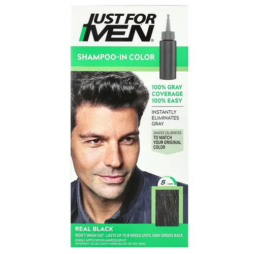 Just for Men, Champú con color, Negro real H-55, Kit de aplicación de tinte para el cabello de una sola aplicación