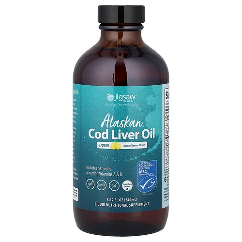 Jigsaw Health, Aceite de hígado de bacalao de Alaska líquido, Sabor natural a limón, 240 ml (8,12 oz. líq.)