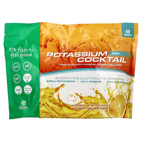 Jigsaw Health, Potassium Cocktail™, Mezcla para preparar bebidas con electrolitos sin azúcar, Naranja, 60 sobres, 5,25 g cada uno