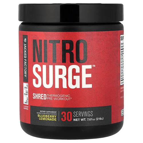 Jacked Factory, Nitro Surge™, Suplemento termogénico triturado para el preentrenamiento, Limonada de arándano azul, 216 g (7,61 oz)