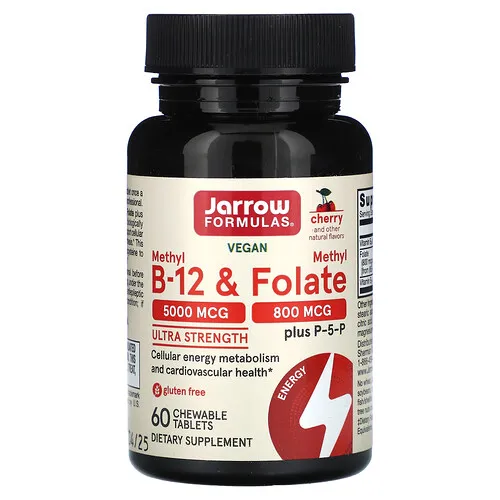 Jarrow Formulas, Metil B12 y metilfolato veganos, Ultraconcentración, Cereza, 60 comprimidos masticables