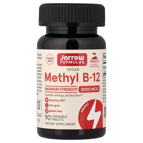 Jarrow Formulas, Metil B12 vegano, Cereza, 5000 mcg, 90 comprimidos masticables