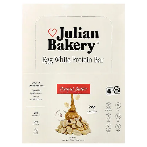 Julian Bakery, Barrita proteica de clara de huevo, Mantequilla de maní, 12 barritas, 60 g (2,1 oz) cada una