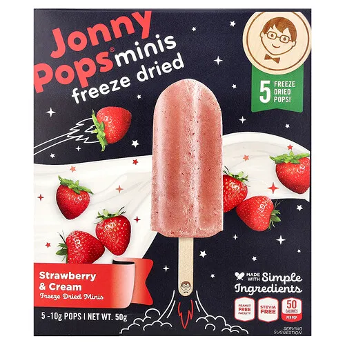 JonnyPops, Bocadillos liofilizados, Fresa y crema, 5 paletas, 10 g cada una