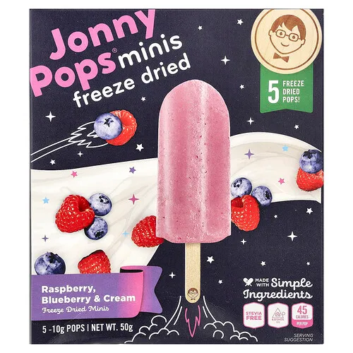 JonnyPops, Bocadillos liofilizados, Frambuesa, arándano azul y crema, 5 paletas, 10 g cada una