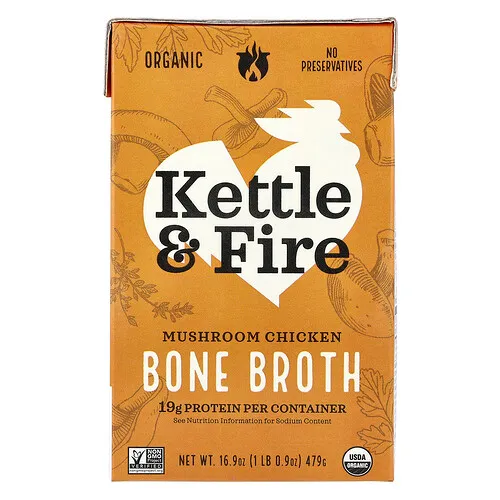 Kettle & Fire, Caldo de huesos, Pollo con hongos`` 479 g (16,9 oz)