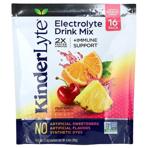 KinderFarms, KinderLyte®, Mezcla para preparar bebidas con electrolitos, Para niños y adultos, Ponche de frutas, 16 sobres, 11,3 g (0,4 oz) cada uno