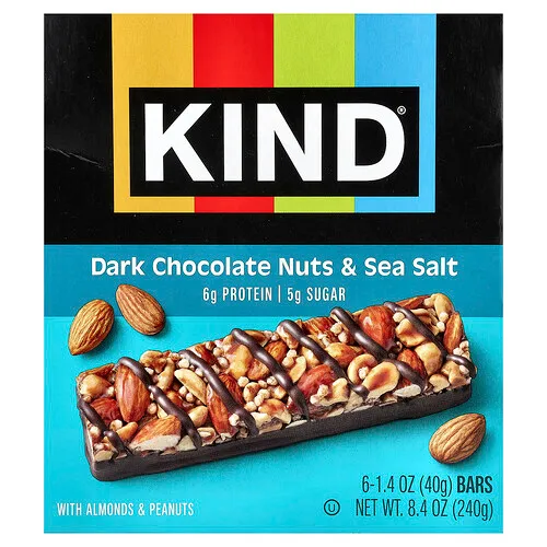 KIND Bars, Barritas proteicas, Chocolate negro, frutos secos y sal marina, 6 barritas, 40 g (1,4 oz) cada una
