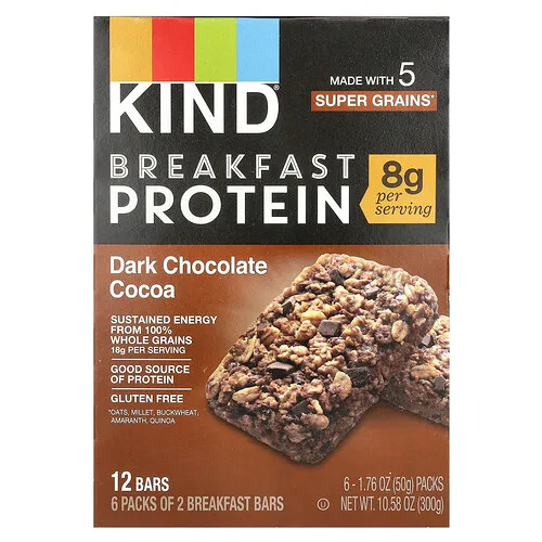 KIND Bars, Barritas proteicas para el desayuno, Chocolate negro y cacao, 6 paquetes, 50 g (1,76 oz) cada uno