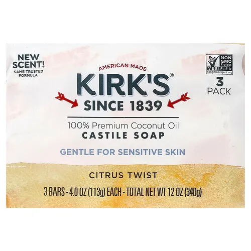 Kirk's, Jabón de Castilla con aceite de coco 100 % prémium, Toque cítrico, 3 barras, 113 g (4 oz) cada una
