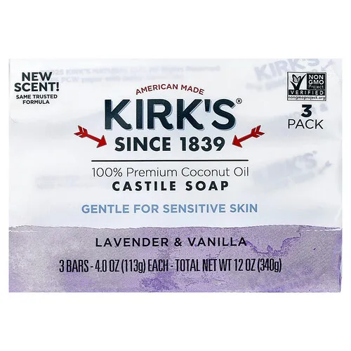 Kirk's, Jabón de Castilla con aceite de coco 100 % prémium, Lavanda y vainilla, 3 barras, 113 g (4 oz) cada una