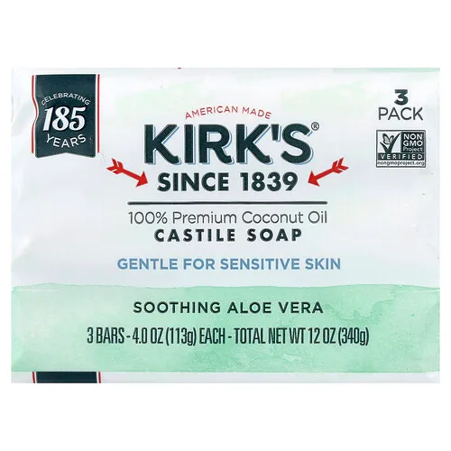 Kirk's, Jabón de Castilla con aceite de coco 100 % prémium, Aloe vera calmante, 3 barras, 113 g (4 oz) cada una