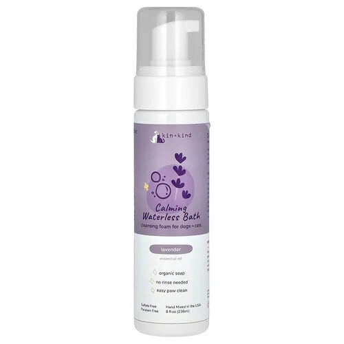 Kin+Kind, Baño calmante sin agua, Espuma limpiadora, Para perros y gatos, Lavanda, 236 ml (8 oz. líq.)