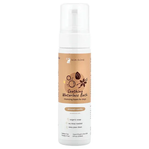 Kin+Kind, Baño calmante sin agua, Espuma limpiadora para perros, Almendra y vainilla, 236 ml (8 oz. líq.)