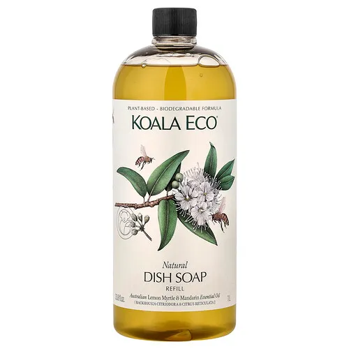 Koala Eco, Jabón para lavar platos natural, Reposición, Aceite esencial de mirto limón australiano y mandarina, 1 l (33,8 oz. líq.)