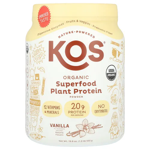 KOS, Proteína vegetal de superalimentos orgánicos en polvo, Vainilla, 555 g (1,2 lb)