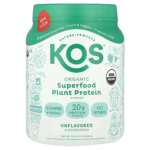 KOS, Proteína vegetal de superalimentos orgánicos en polvo, Sin sabor ni endulzante, 680 g (1,5 lb)