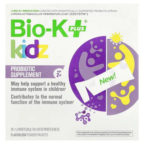 Bio-K+, Kidz, Suplemento probiótico, 2 años en adelante, Sin sabor, 28 sobres, 1 g (0,04 oz) cada uno