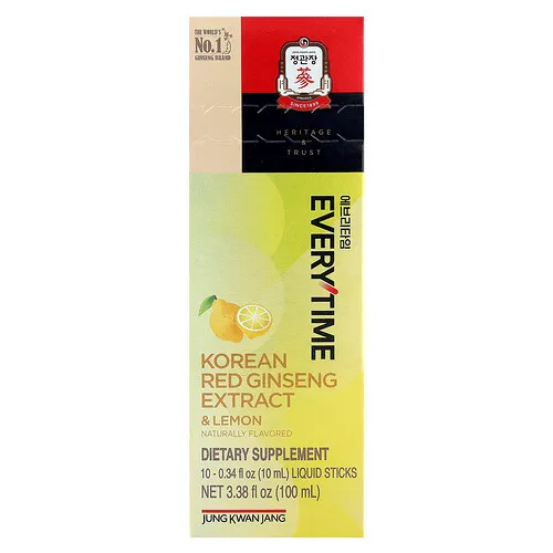 JungKwanJang, Extracto de ginseng rojo coreano, Everytime, Limón, 10 barritas líquidas, 10 ml (0,34 oz. líq.) cada una