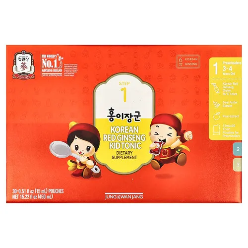 JungKwanJang, Tónico para niños con ginseng rojo coreano, Paso 1, De 3 a 4 años, 30 sobres, 15 ml (0,51 oz. líq.)