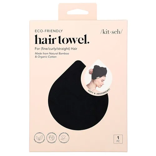 Kitsch, Toalla para el cabello ecológica, Negra, 1 pieza