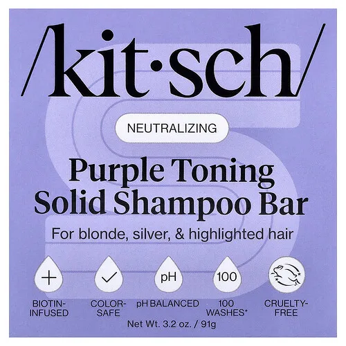 Kitsch, Champú sólido en barra tonificante de color púrpura, Para cabello rubio, plateado y con mechas, Azahar y jazmín, 91 g (3,2 oz)