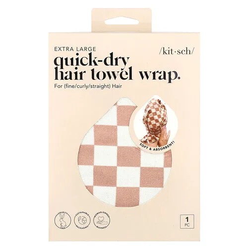 Kitsch, Toalla de secado rápido para el cabello, Extragrande, Cuadros terracota, 1 toalla