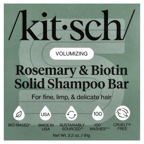 Kitsch, Champú sólido voluminizador en barra con romero y biotina, Para cabello fino, frágil y delicado, Romero y biotina, 91 g (3,2 oz)