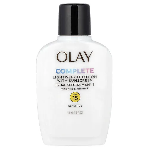 Olay, Loción liviana completa con protector solar, FPS 15, Para pieles sensibles, Sin fragancia, 118 ml (4 oz. líq.)