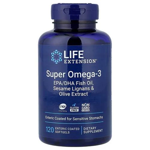 Life Extension, Super omega-3, Aceite de pescado con EPA y DHA, lignanos de sésamo y extracto de oliva, 120 cápsulas blandas con recubrimiento entérico