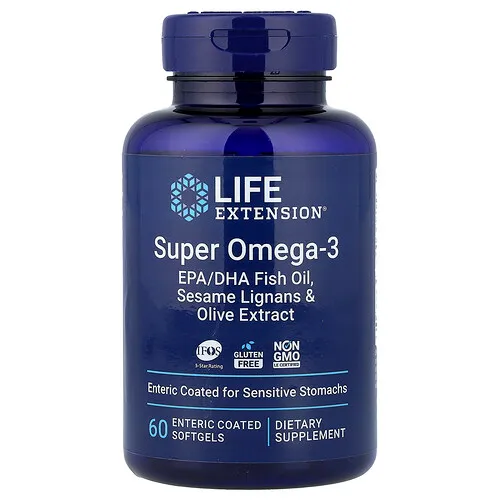 Life Extension, Aceite de pescado con super omega-3 EPA / DHA, lignanos de sésamo y extracto de oliva, 60 cápsulas blandas con recubrimiento entérico
