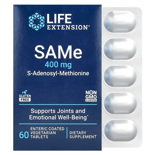 Life Extension, SAMe, S-adenosil-L-metionina, 400 mg, 60 comprimidos vegetales con recubrimiento entérico