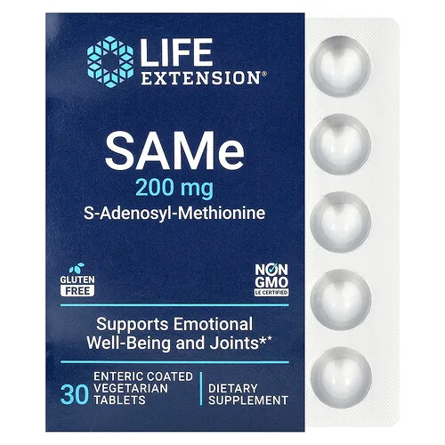 Life Extension, SAMe, S-adenosil-metionina, 200 mg, 30 comprimidos vegetales con recubrimiento entérico