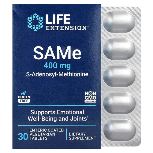 Life Extension, SAMe, S-adenosil-L-metionina, 400 mg, 30 comprimidos vegetales con recubrimiento entérico