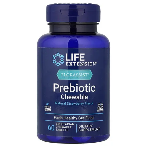 Life Extension, Florassist®, Suplemento masticable prebiótico, Sabor natural a fresa, 60 comprimidos masticables vegetales (1400 mg por comprimido)