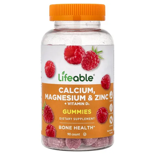 Lifeable, Gomitas con calcio, magnesio, zinc y vitamina D3, Frambuesa, 90 gomitas