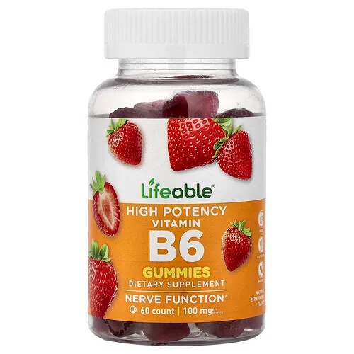 Lifeable, Gomitas con vitamina B6, Alta potencia, Sabor natural a fresa, 60 gomitas (50 mg por gomita)