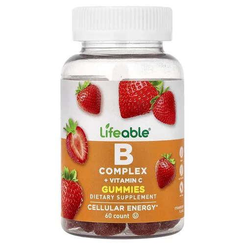 Lifeable, Gomitas con complejo de vitaminas B y vitamina C, Fresa, 60 gomitas