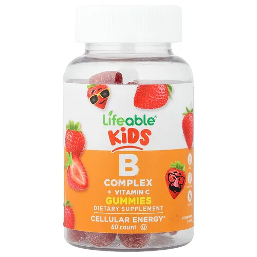 Lifeable, Gomitas con complejo de vitaminas B y vitamina C para niños, Fresa, 60 gomitas